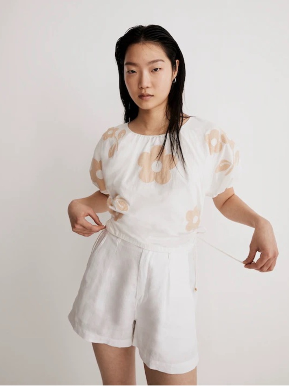 Madewell White Floral Gingham Embroidered Poplin Puff-Sleeve Cutout Crop Top S